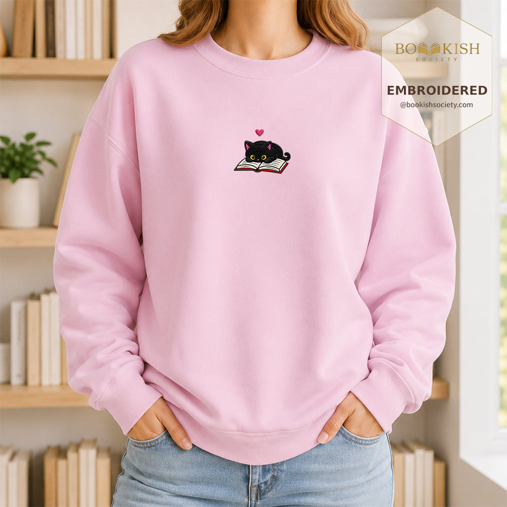 Black Cat and Book Embroidered Sweatshirt | Reader Gift Light Pink