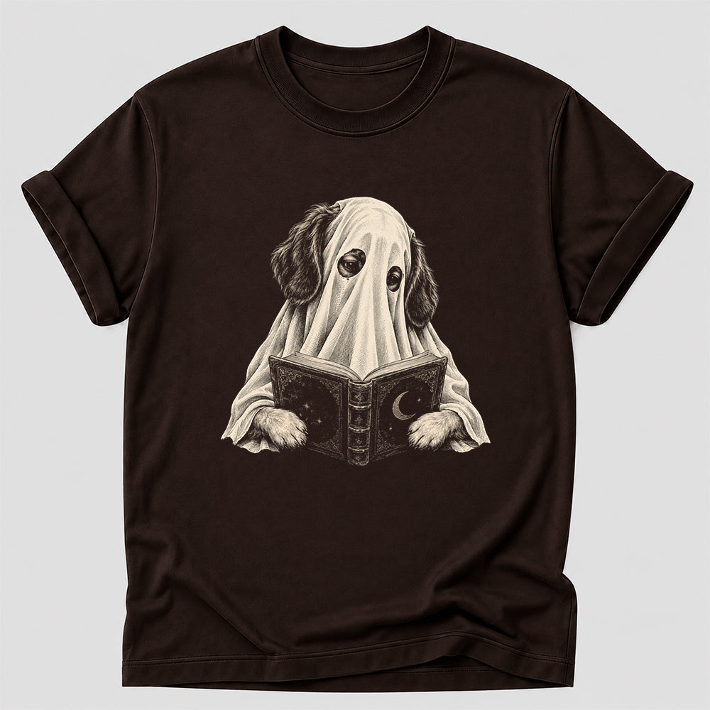 Reading Ghost Dog Printed T-Shirt | Halloween Dog Lover Gift Dark Chocolate