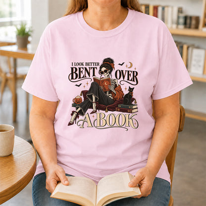 I Look Better Bent Over A Book Printed T-Shirt | Halloween Book Lover Gift Light Pink
