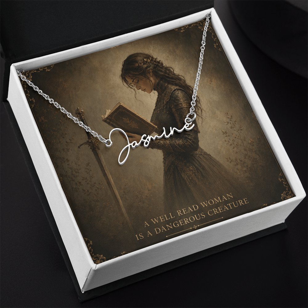 A Well Read Woman Is A Dangerous Creature Decorative Card And Custom Name Polished Stainless Steel Necklace With Box Book Lover Gift Font 2