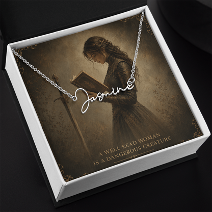 A Well Read Woman Is A Dangerous Creature Decorative Card And Custom Name Polished Stainless Steel Necklace With Box Book Lover Gift Font 2