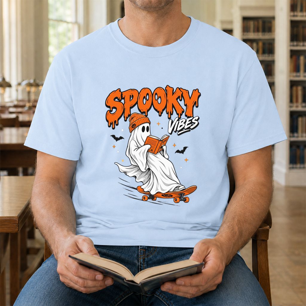 Spooky Vibes Printed T-Shirt | Halloween Book Lover Gift Light Blue
