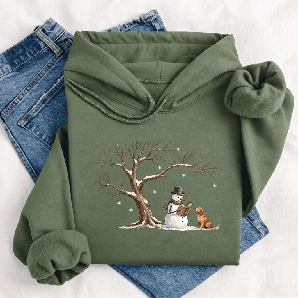 Golden Retriever And Snowman Under Tree Softstyle Hoodie | Christmas Reader Gift Military Green