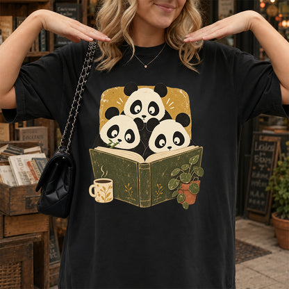 Minimal Japanese Pandas Reading Softstyle T-Shirt | Book Lover Gift Black