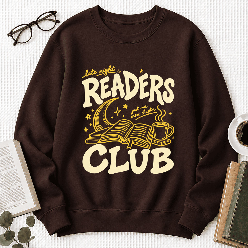 Late Night Readers Club Crewneck Sweatshirt | Reader Gift Dark Chocolate