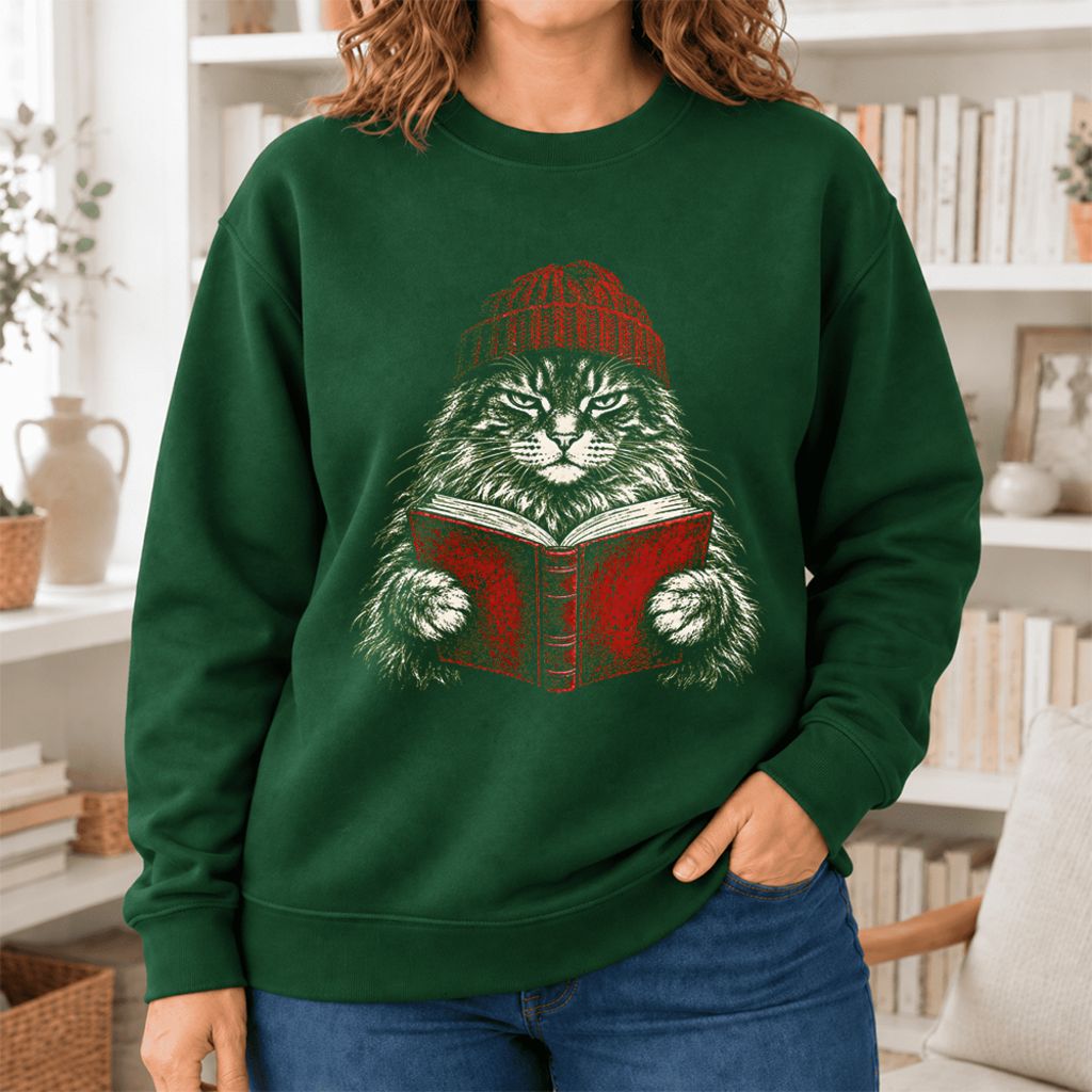 Vintage Reading Cat Maine Coon Softstyle Sweatshirt | Christmas Book Lover Gift Forest Green