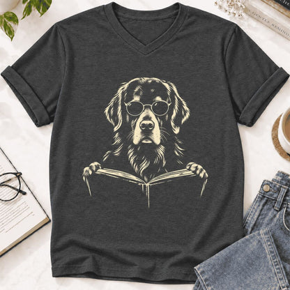 Golden Retriever Reading Book Ultra-Soft V-Neck | Dog Mom Reader Gift Dark Grey Heather