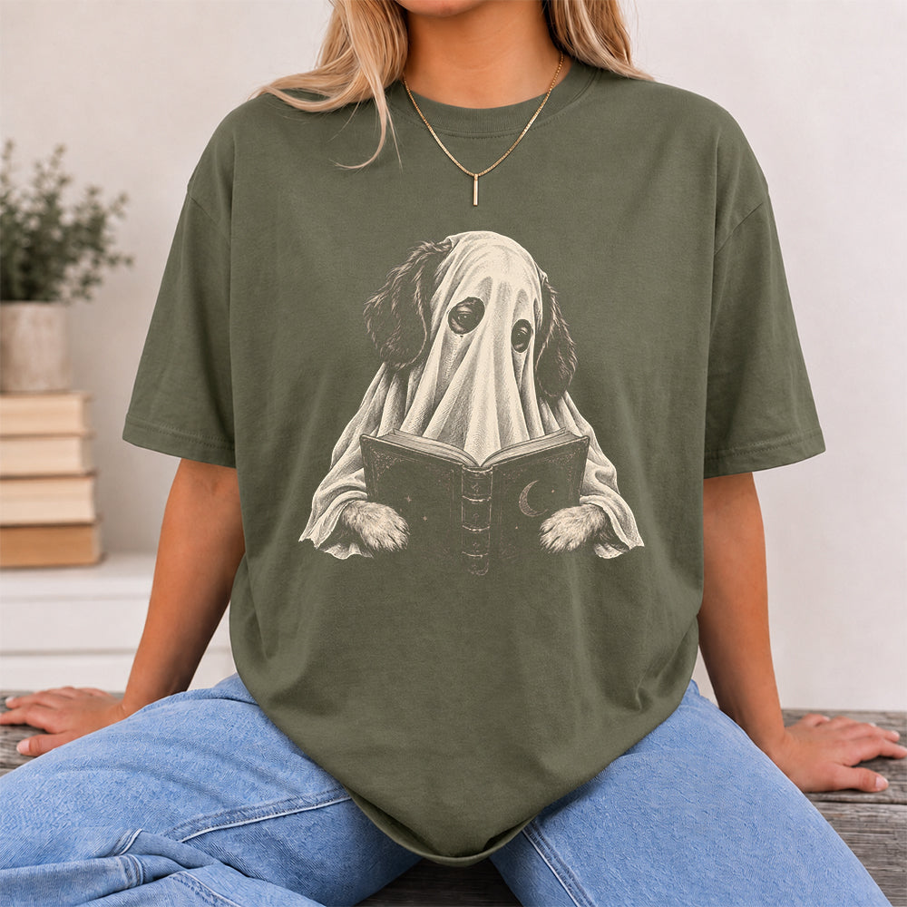 Reading Ghost Dog Printed T-Shirt | Halloween Dog Lover Gift Military Green