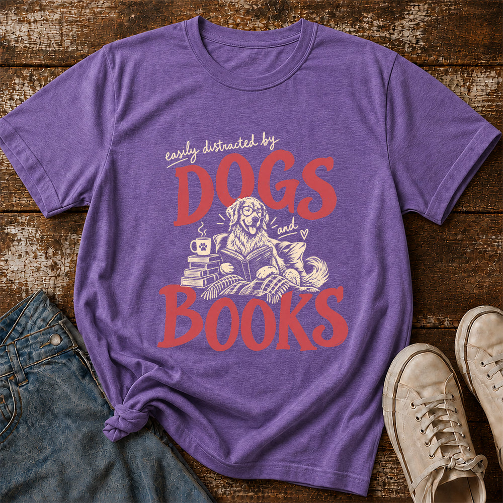 Easily Distracted By Dogs And Books Softstyle T-Shirt | Book Lover Gift Heather Purple