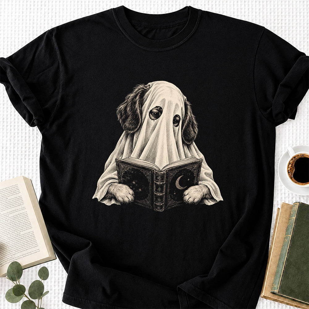 Reading Ghost Dog Printed T-Shirt | Halloween Dog Lover Gift Black