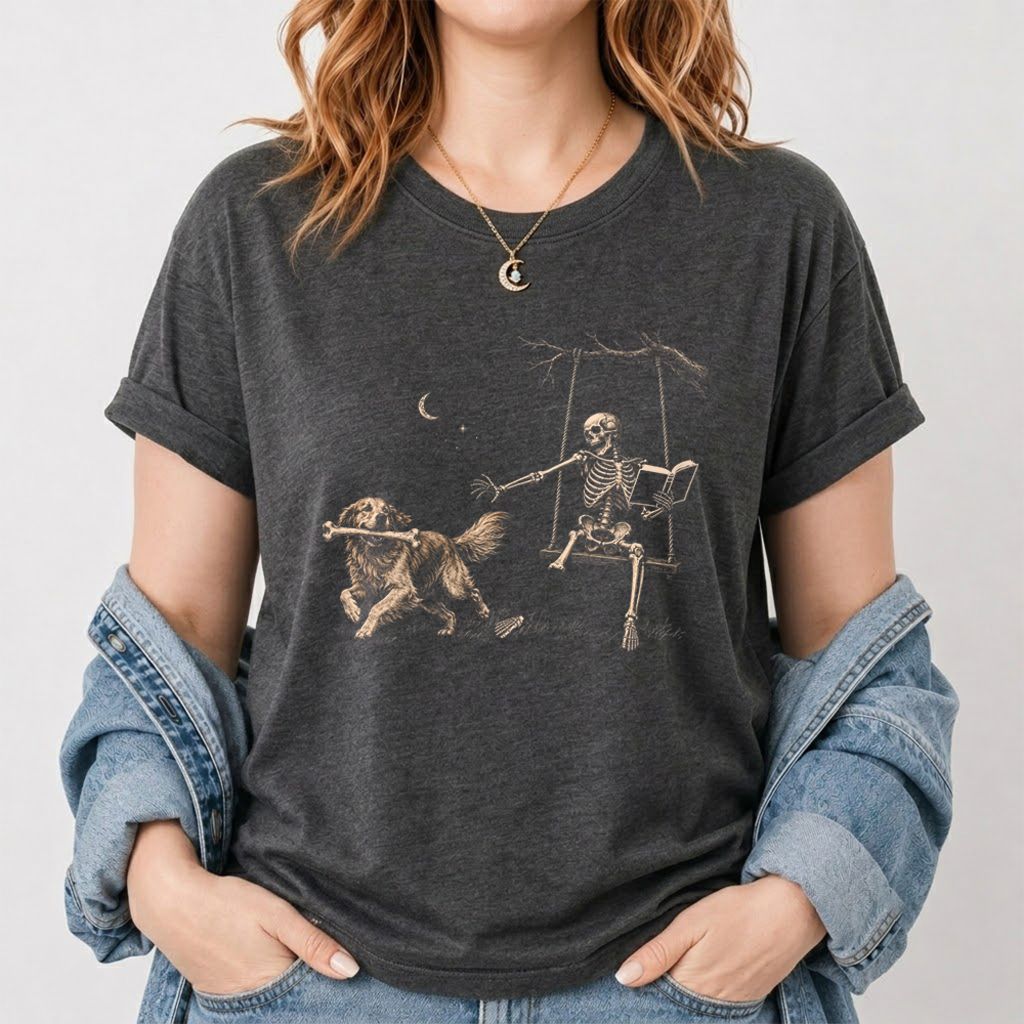 Funny Reading Book With Golden Retriever Printed T-Shirt | Halloween Reader Gift Dark Heather