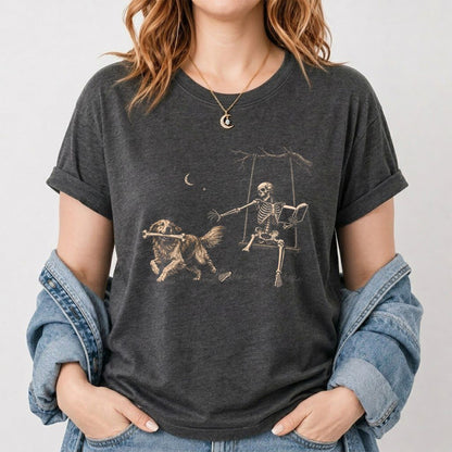 Funny Reading Book With Golden Retriever Printed T-Shirt | Halloween Reader Gift Dark Heather
