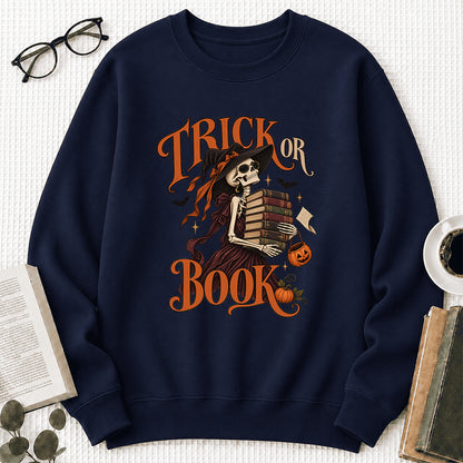 Trick Or Book Printed Sweatshirt | Halloween Book Lover Gift Navy