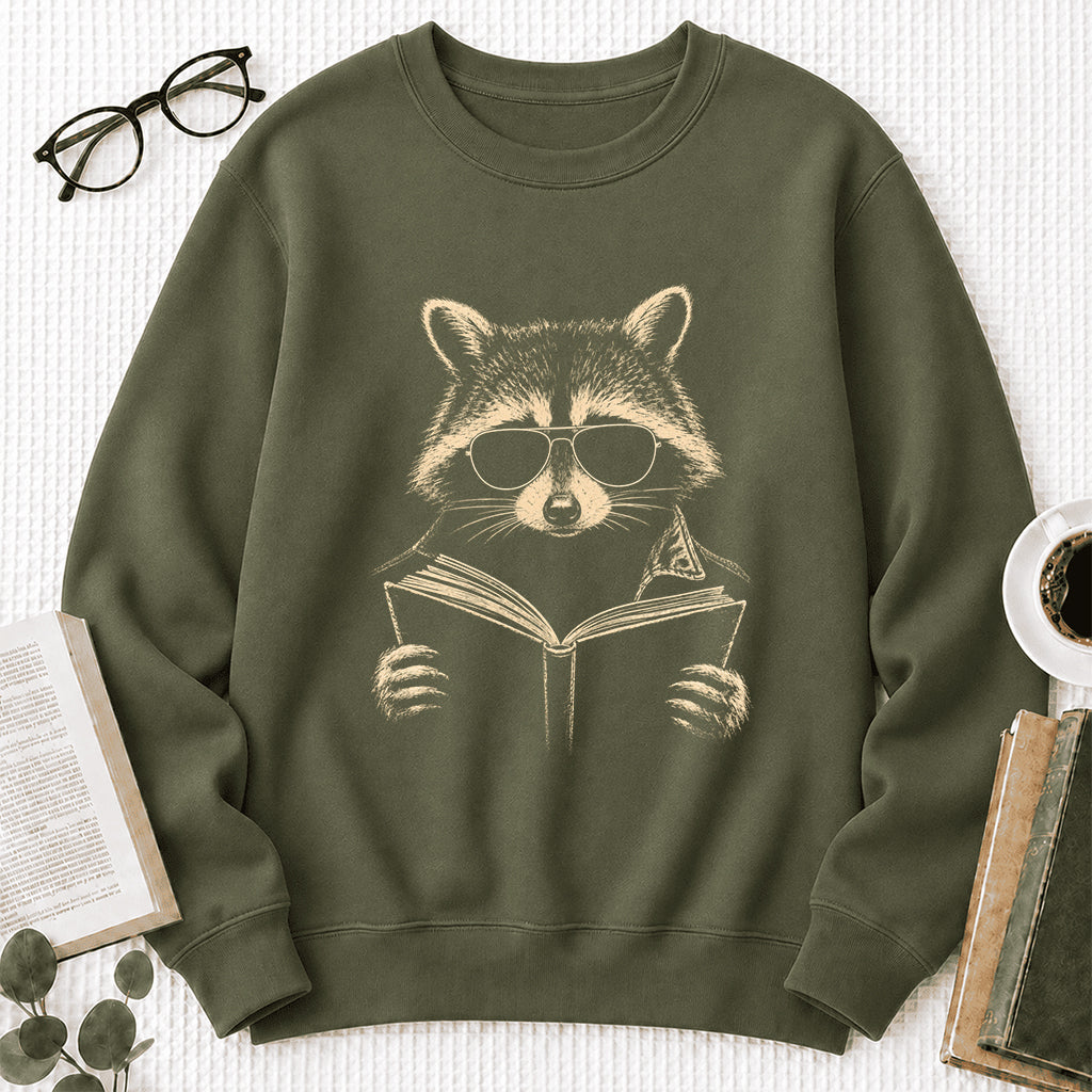 Raccoon Reading Book Crewneck Sweatshirt | Reader Gift Military Green