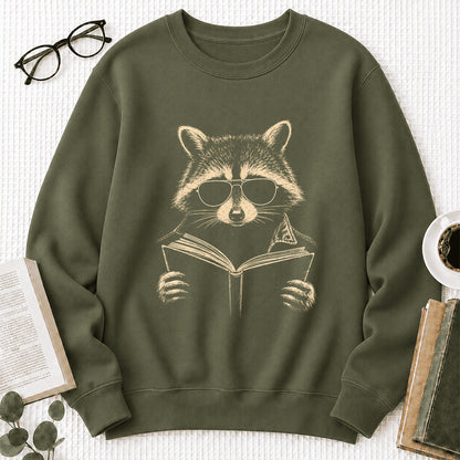 Raccoon Reading Book Crewneck Sweatshirt | Reader Gift Military Green