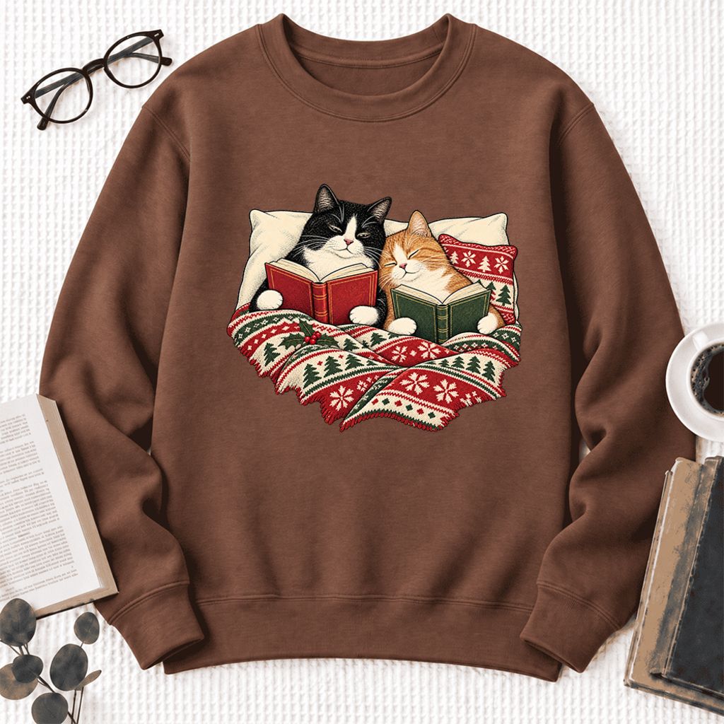Christmas Reading Cat Couple Softstyle Sweatshirt | Cozy Christmas Gift Cocoa