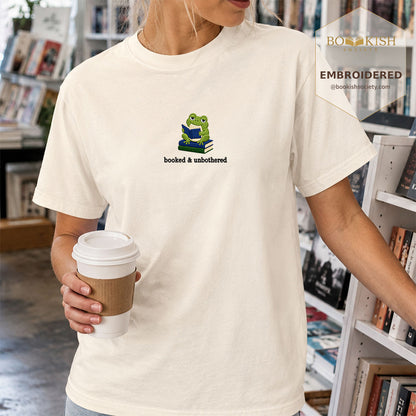 Booked and Unbothered Embroidered Comfort Color® T-shirt | Book Lover Gift Ivory