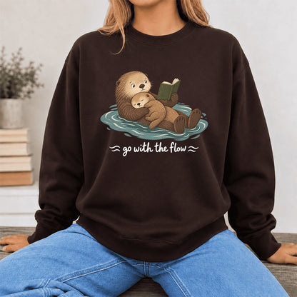 Go With The Flow Otter Reading Crewneck Sweatshirt | Reader Gift Dark Chocolate