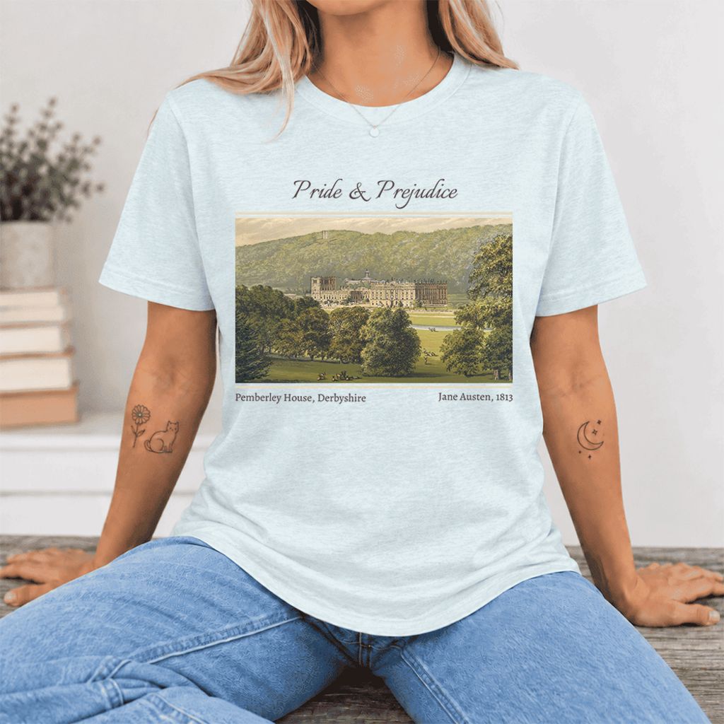 Pemberley House Pride And Prejudice Ultra-Soft Cotton T-Shirt | Gift Heather Ice Blue