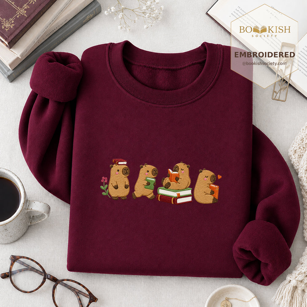Reading Capybaras Embroidered Sweatshirt | Reader Gift Maroon