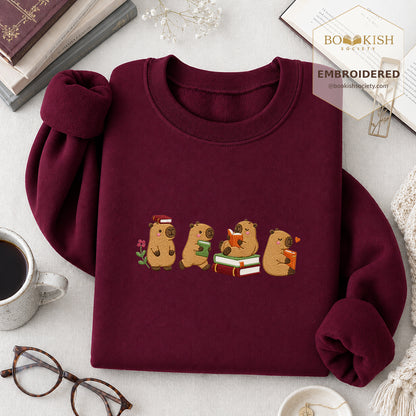 Reading Capybaras Embroidered Sweatshirt | Reader Gift Maroon