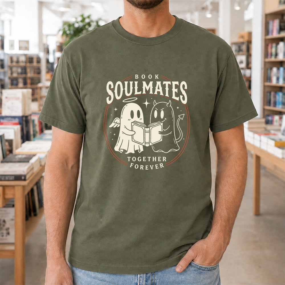 Book Soulmates Together Forever Printed T-Shirt | Halloween Book Lover Gift Military Green