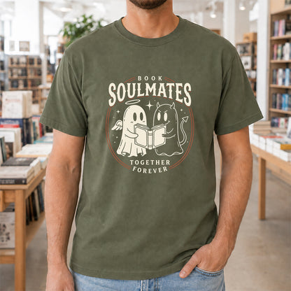 Book Soulmates Together Forever Printed T-Shirt | Halloween Book Lover Gift Military Green