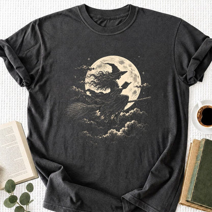 Reading Witch On The Flying Broom Printed T-Shirt | Halloween Book Lover Gift Dark Heather