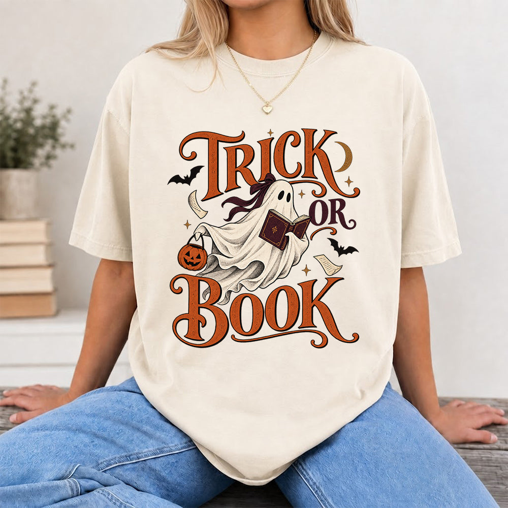 Trick Or Book Ghost Printed T-Shirt | Halloween Book Lover Gift Natural