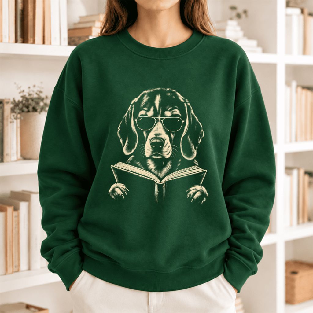 Beagle Reading Book Softstyle Sweatshirt | Dog Mom Reader Gift Forest Green