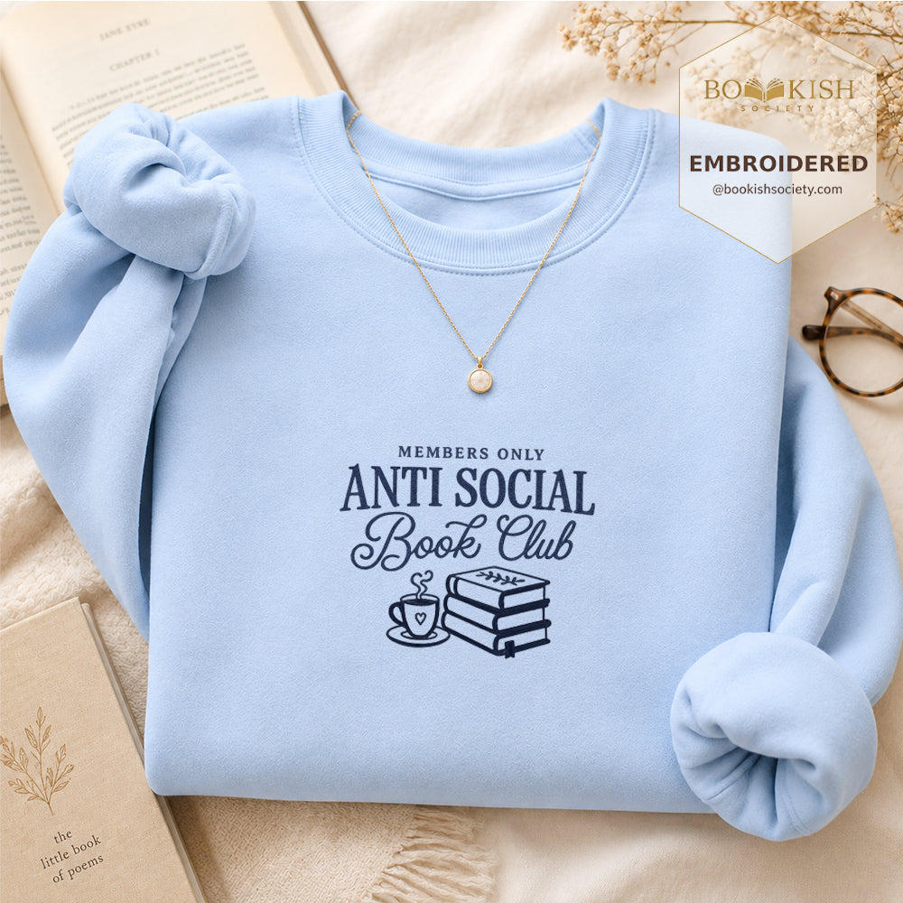 Anti-Social Book Club Embroidered Sweatshirt | Reader Gift Light Blue