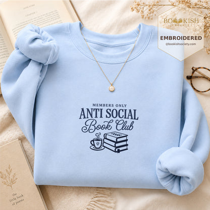 Anti-Social Book Club Embroidered Sweatshirt | Reader Gift Light Blue
