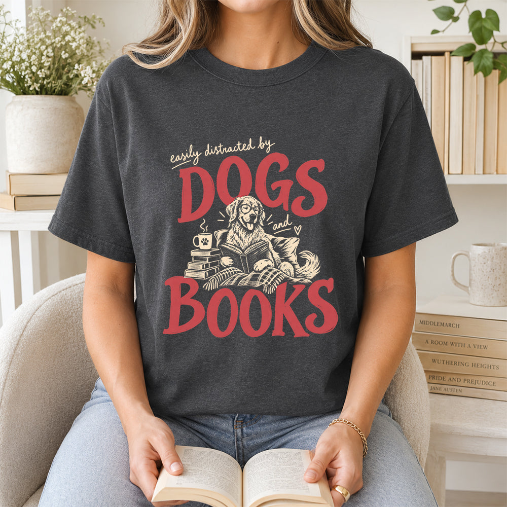 Easily Distracted By Dogs And Books Softstyle T-Shirt | Book Lover Gift Dark Heather