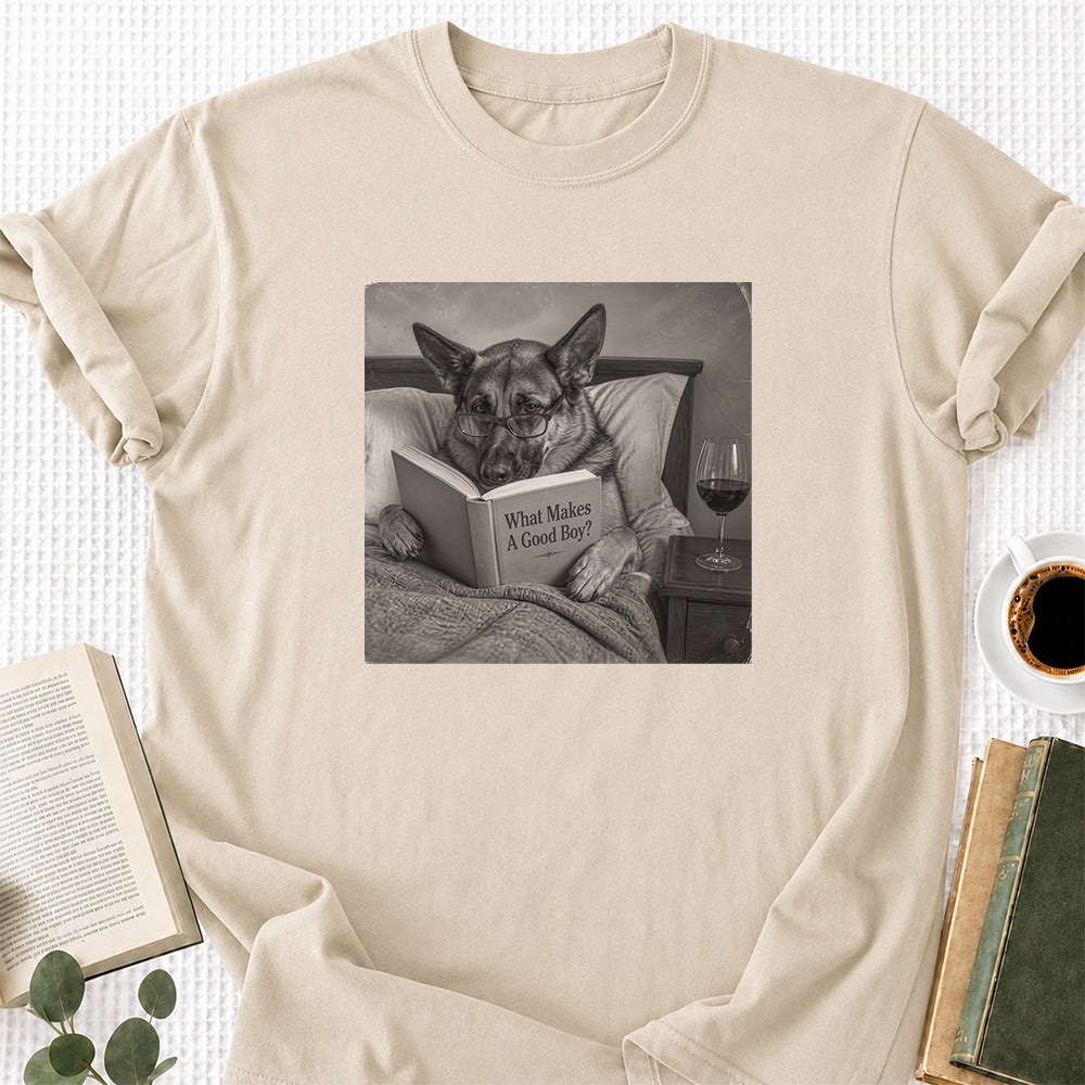 What Makes A Good Boy Printed T-Shirt | Cozy German Shepherd Mom Reader Gift Sand