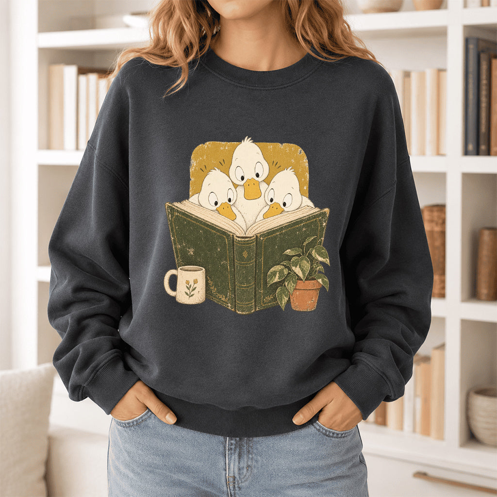 Minimal Japanese Ducks Reading Crewneck Sweatshirt | Reader Gift Dark Heather