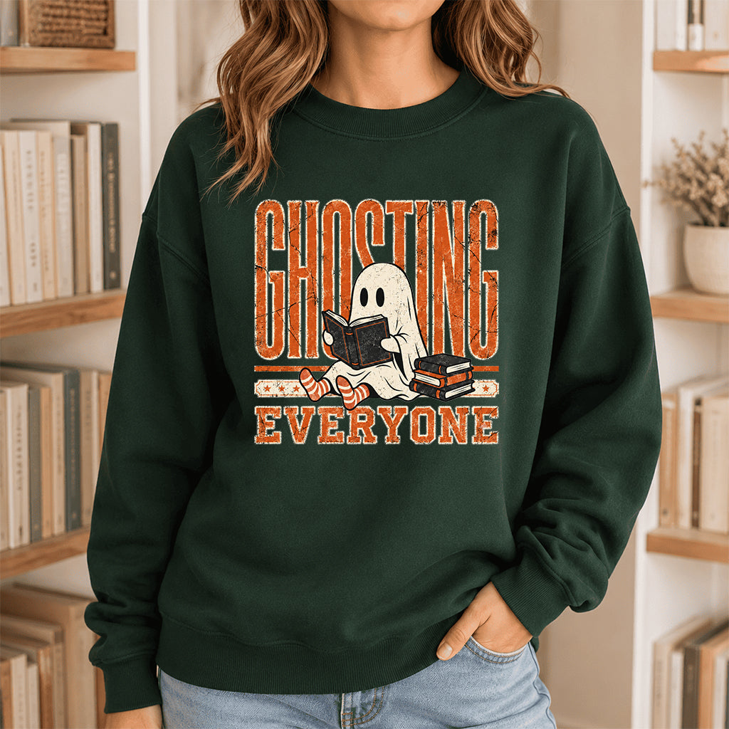 Ghosting Everyone Printed Sweatshirt | Halloween Book Lover Gift Forest Green