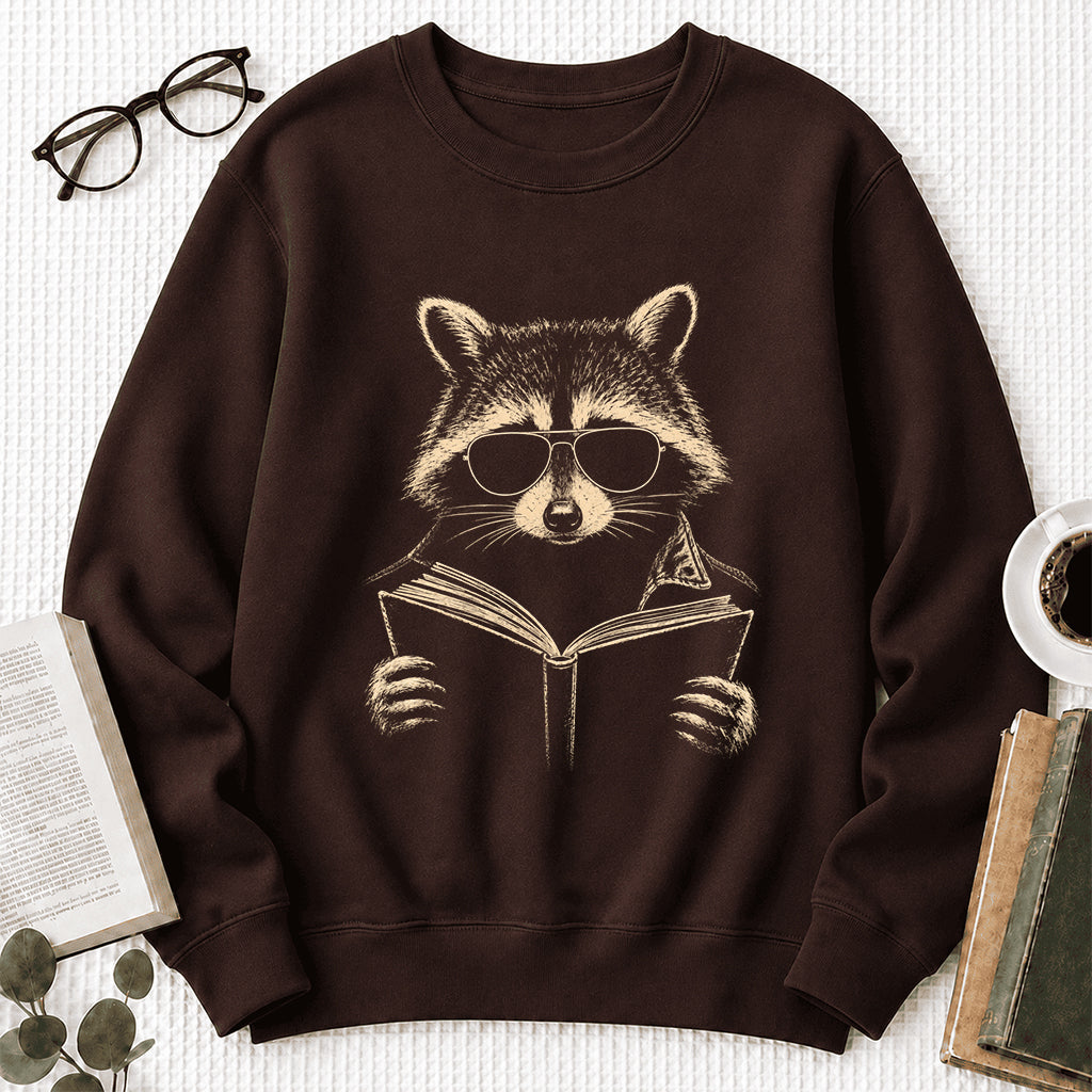 Raccoon Reading Book Crewneck Sweatshirt | Reader Gift Dark Chocolate