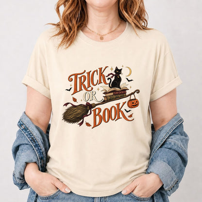Trick Or Book Black Cat Printed T-Shirt | Halloween Book Lover Gift Natural