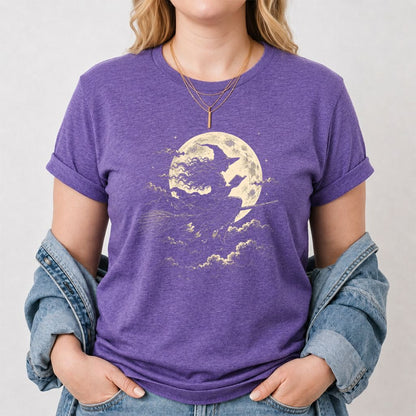 Reading Witch On The Flying Broom Printed T-Shirt | Halloween Book Lover Gift Heather Purple