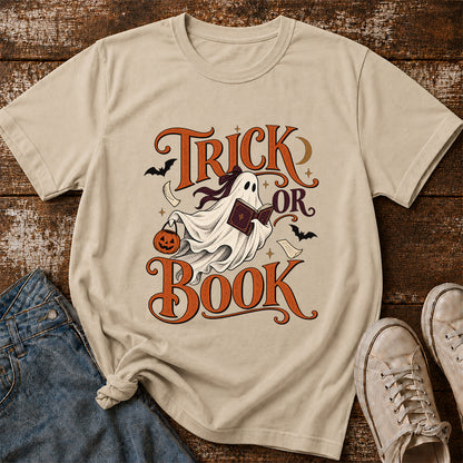 Trick Or Book Ghost Printed T-Shirt | Halloween Book Lover Gift Sand