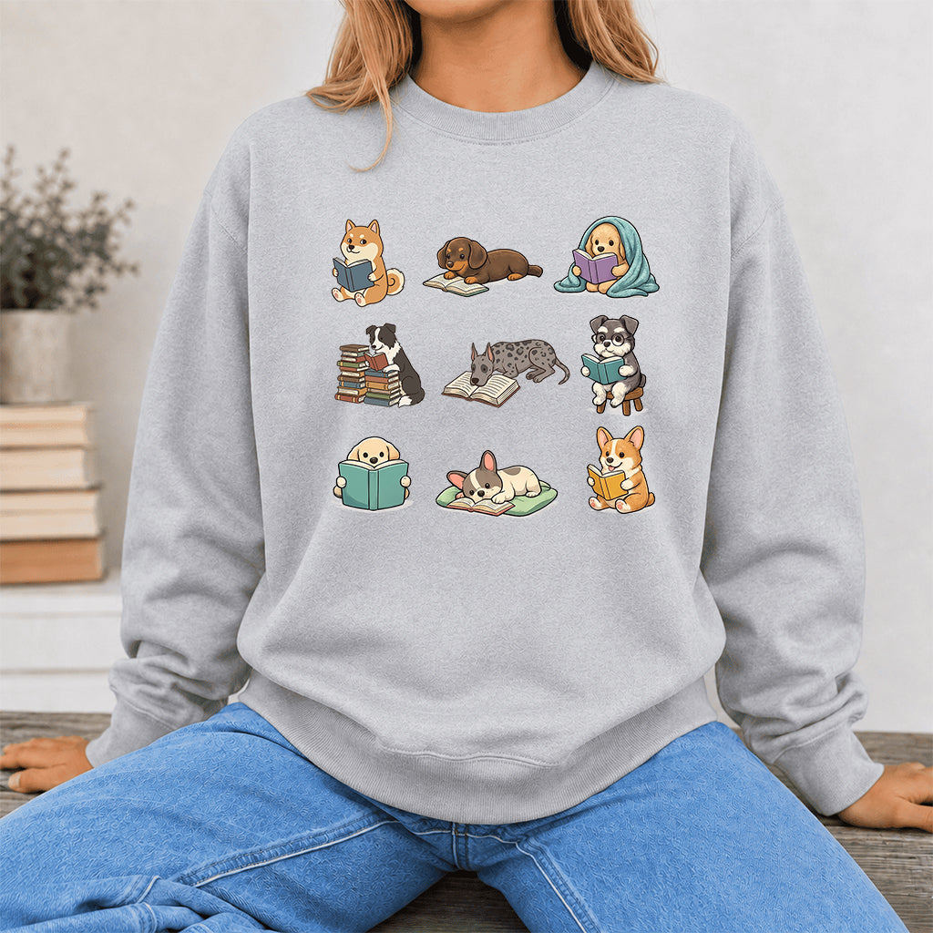 Funny Dogs Reading Crewneck Sweatshirt | Reader Gift Sport Grey