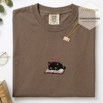 Embroidered Black Cat and Book Comfort Color® T-shirt Book Lover Gift Espresso