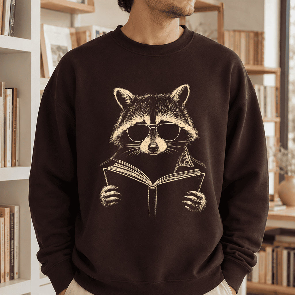 Raccoon Reading Book Crewneck Sweatshirt | Reader Gift Dark Chocolate