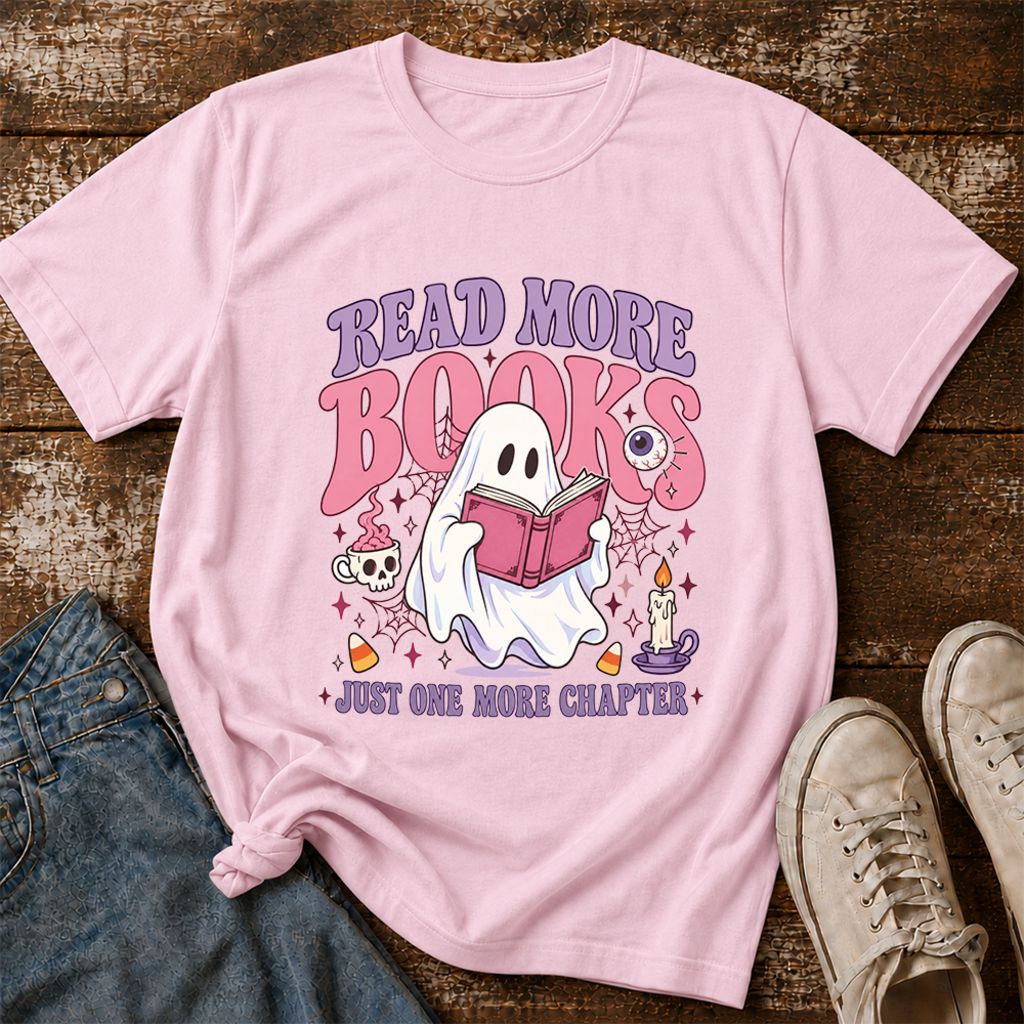 Read More Books Ghost Printed T-Shirt | Halloween Book Lover Gift Light Pink