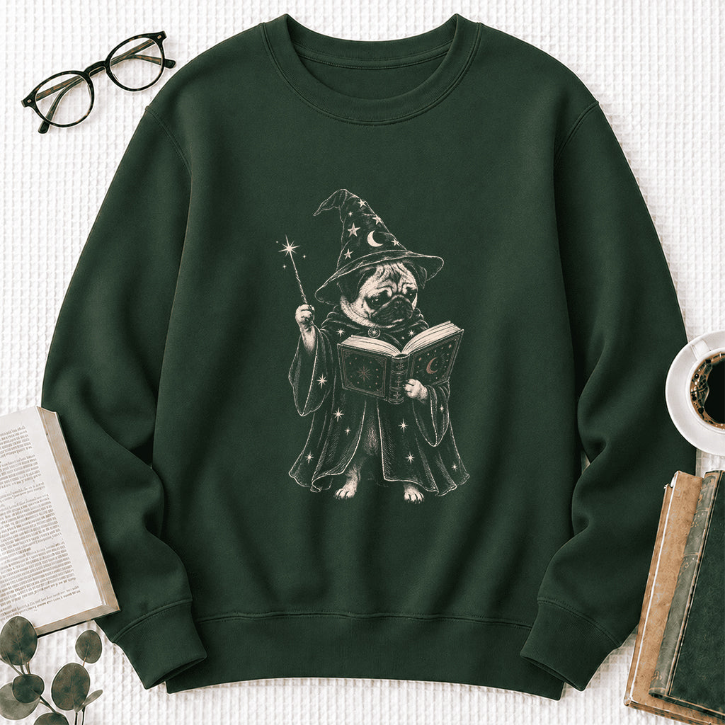 Cute Pug Witch Reading Book Printed Sweatshirt | Halloween Book Lover Gift Forest Green