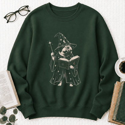Cute Pug Witch Reading Book Printed Sweatshirt | Halloween Book Lover Gift Forest Green