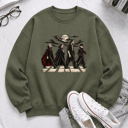 Monsters Road Printed Sweatshirt | Halloween Book Lover Gift Military Green
