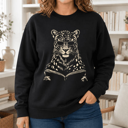 Leopard Reading Book Crewneck Sweatshirt | Reader Gift Black