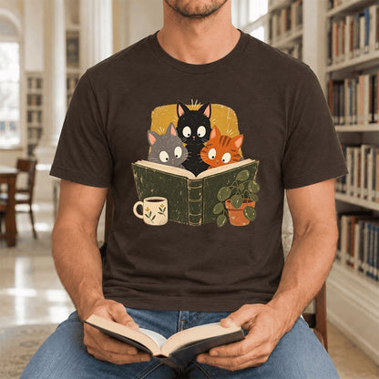 Curious Reading Cats Ultra-Soft Cotton T-Shirt | Cat Lover Reader Gift Brown