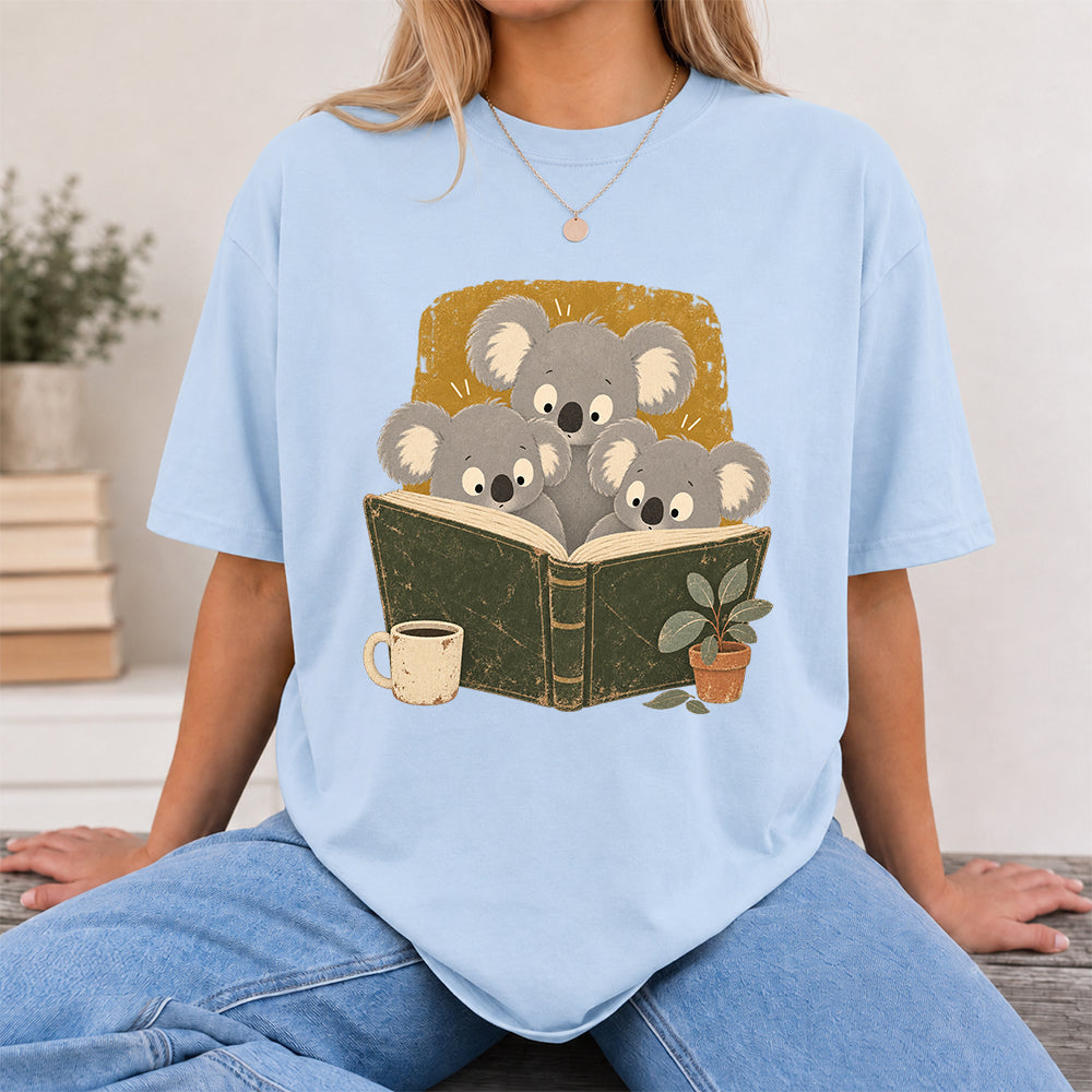 Minimal Japanese Koalas Reading Softstyle T-Shirt | Book Lover Gift Light Blue